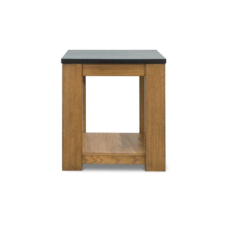 Enty Side End Table, Classic Faux Stone Top, 22 Inch Light Brown Wood - Benzara
