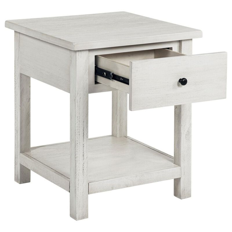 Ayne Side End Table, 1 Drawer, Distressed White Wood, Square 20 Inch - Benzara