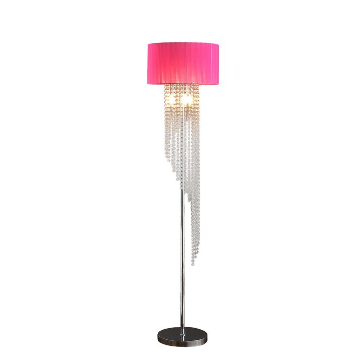 Mero Floor Lamp, Suspended Crystal Rain Chains, Pink Shade, 53 Inch  - Benzara