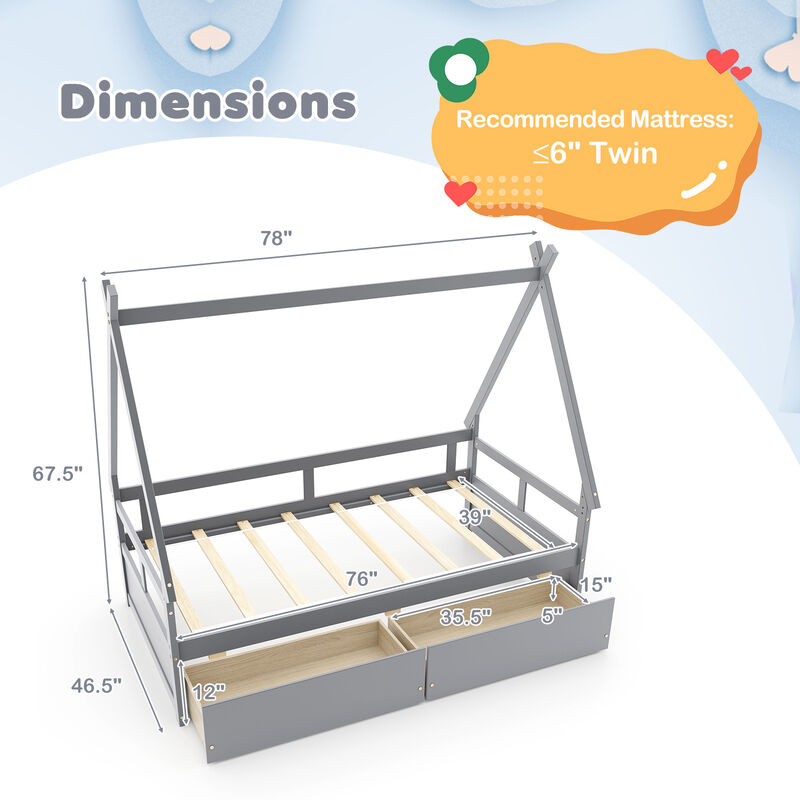 House Bed with Roof and Safety Guardrail