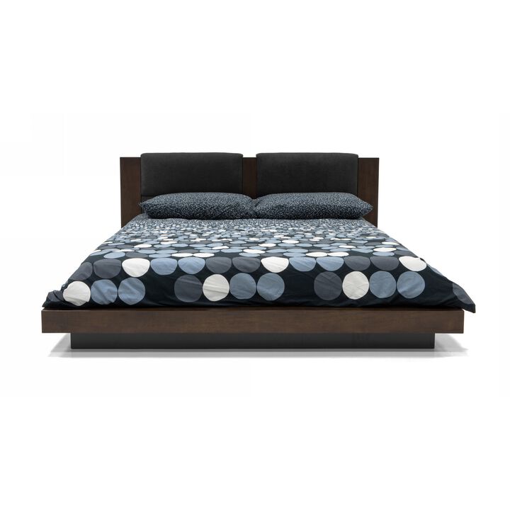 Noe Col King Bed, Dark Gray Pillow Upholstered Headboard, Low Profile Brown - Benzara