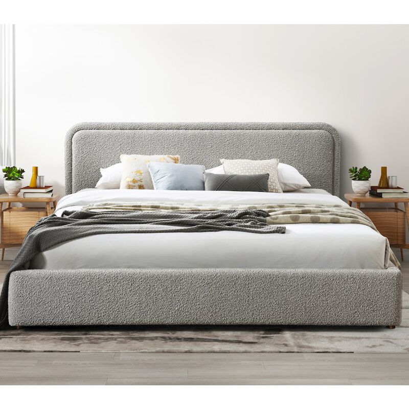 Omax Decor Chloe Upholstered Platform King Bed in Gray Boucle Fabric