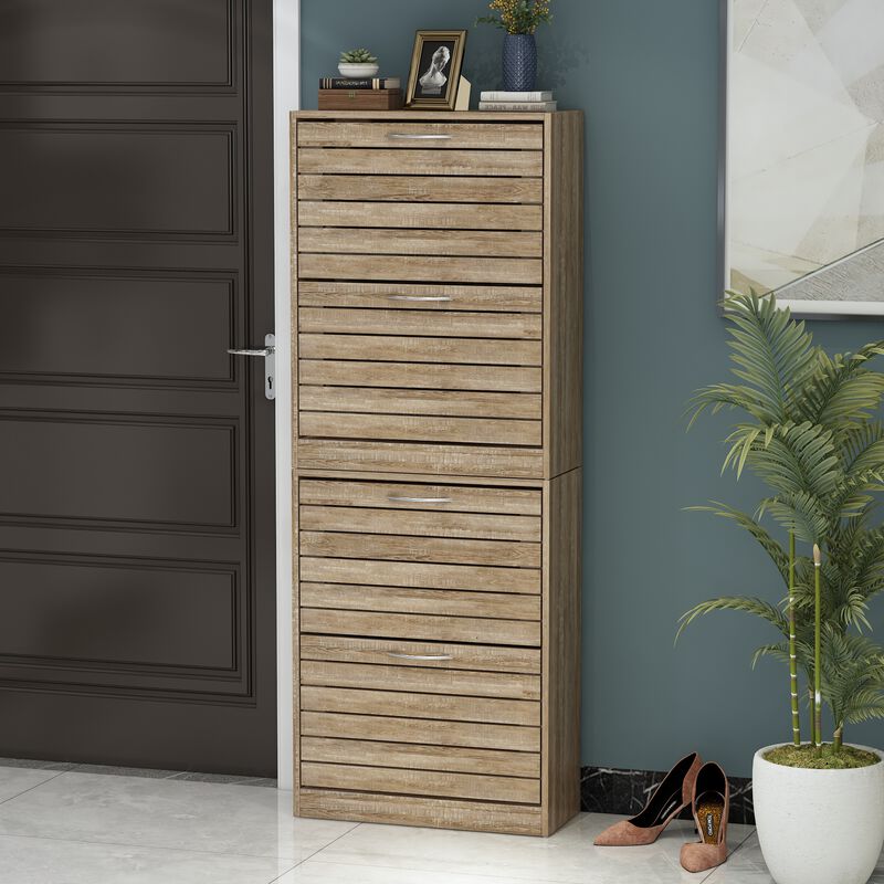 22.4 in. W x 29.5 in. H Brown Wood Louver Door Shoe Storage Cabinet with 2-Drawers for Entryway Hallway