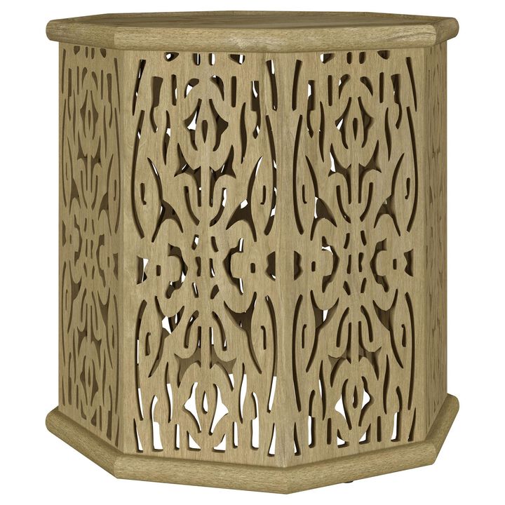 Ores Accent Side Table with Intricate Carvings, Brown Mango Wood - Benzara
