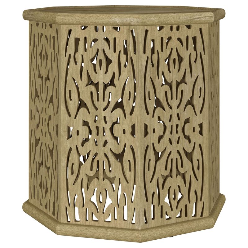 Ores Accent Side Table with Intricate Carvings, Brown Mango Wood - Benzara