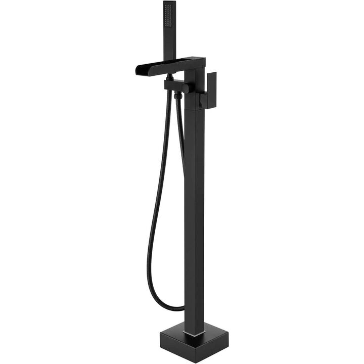 Bathroom Freestanding Waterfall Tub Filler Matte Black Floor Mount Faucet With Hand Shower