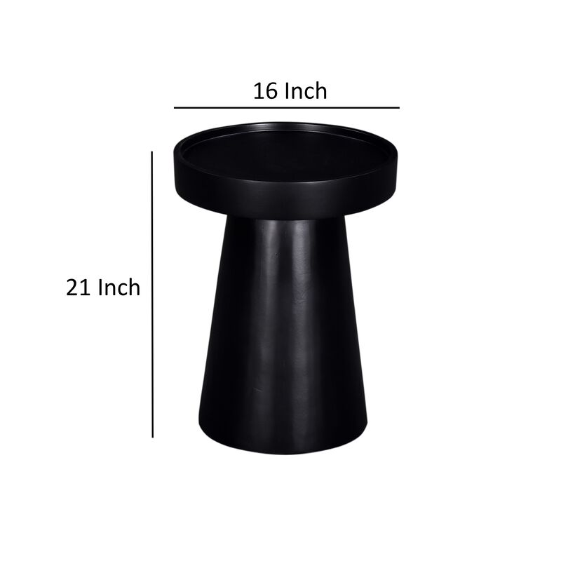 Side End Table, 16 Inch Raised Edge Round Top, Flared Base, Black Wood - Benzara