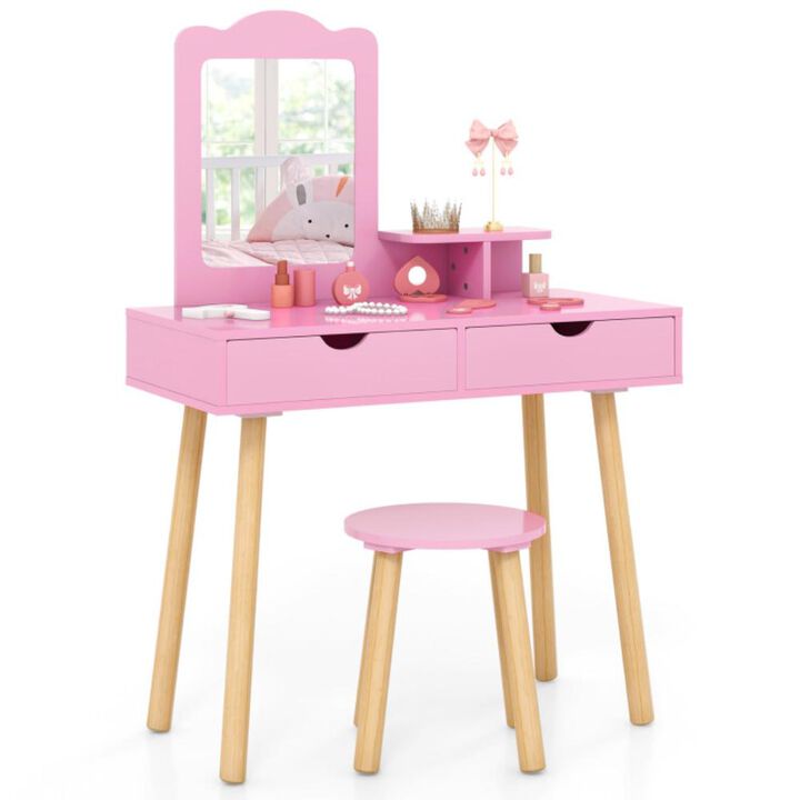 Hivvago Kid Vanity Table Chair Set with Mirror and 2 Large Storage Drawers-Pink