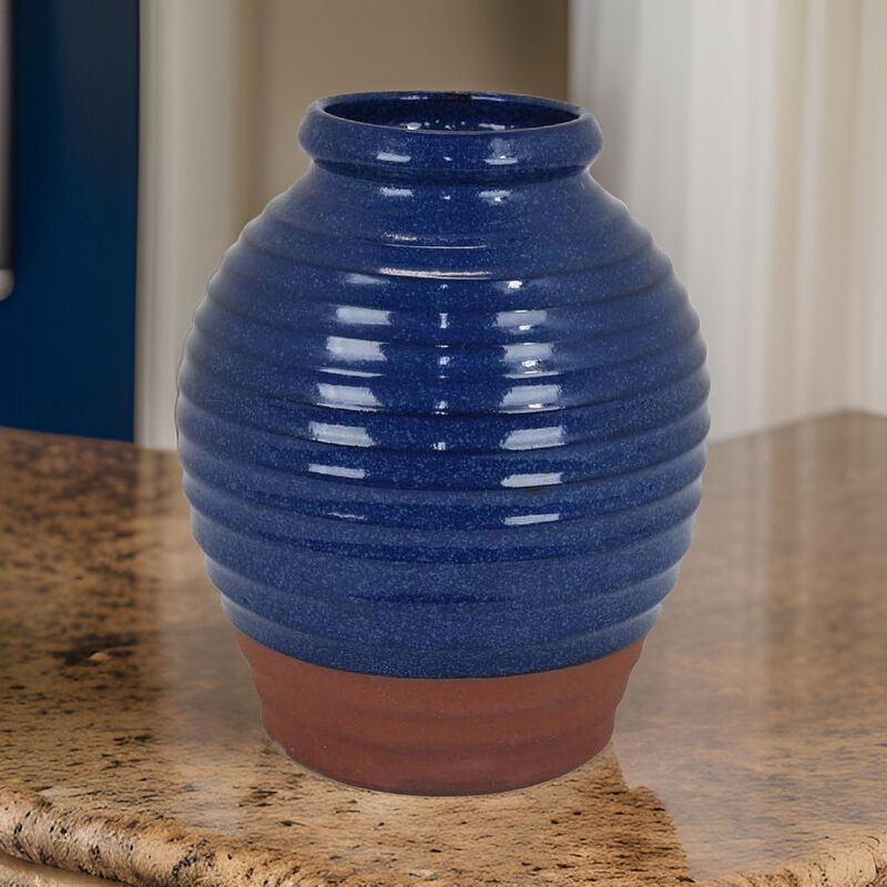 Kohl 15 Inch Decorative Vase, Pot Shape, Ceramic, Blue and Brown Finish - Benzara