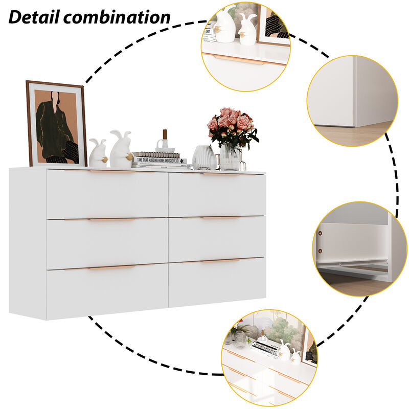 63-inch Modern Space Saving 6-Drawer Double Dresser, White