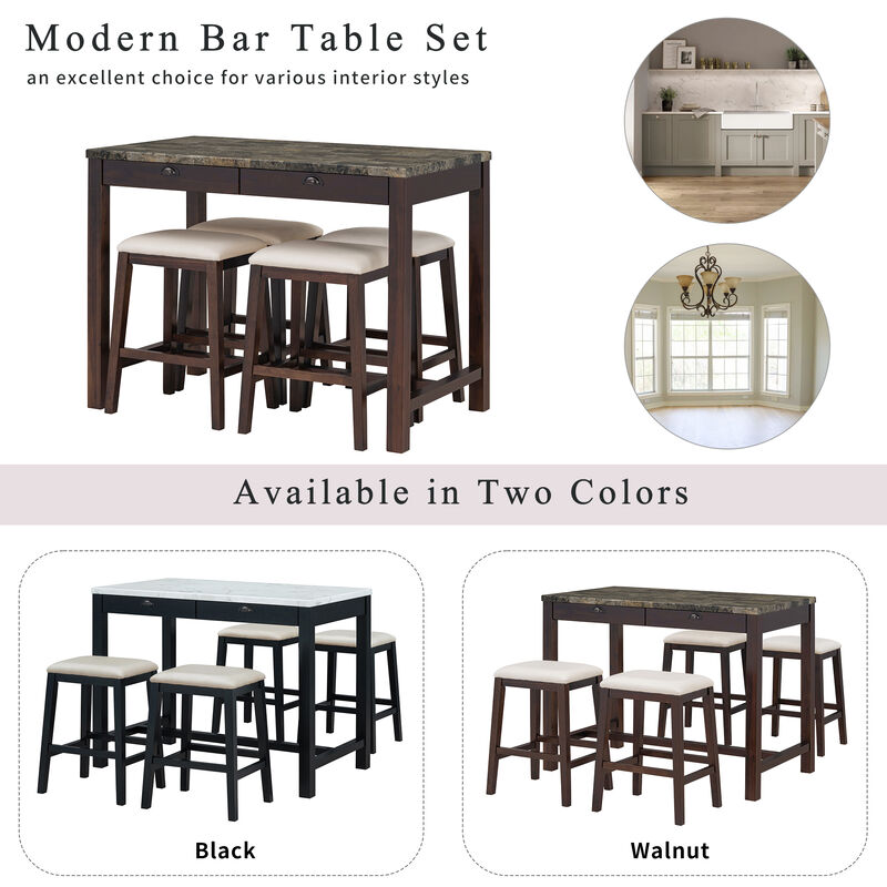 5-Piece  Dining Table Set for 4, Counter Height Modern Kitchen Table and Chairs Set of 4 with Storage Drawers, Marble Dining Table with 4 Upholstered Chairs for Small Space (Walnut)
