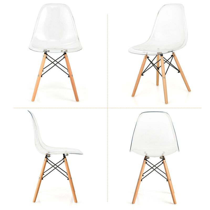 Set of 4 Dining Chairs Modern Plastic Shell Side Chair with Clear Seat and Wood Legs-Transparent