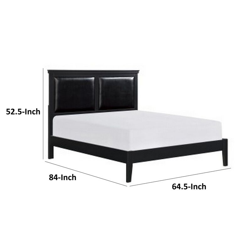Brite Queen Size Bed, Black Faux Leather Upholstered Headboard, Low Profile - Benzara