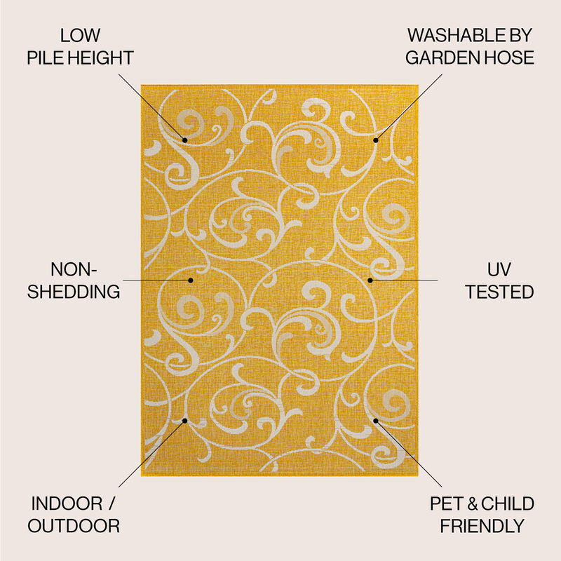 Maribel Traditional Classic All-Over Scroll Yellow/Cream 8 ft. x 10 ft. Indoor/Outdoor Area Rug