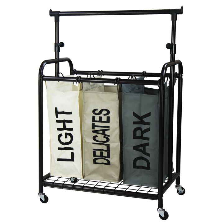 Oceanstar 3-Bag Rolling Laundry Sorter with Adjustable Hanging Bar, Color