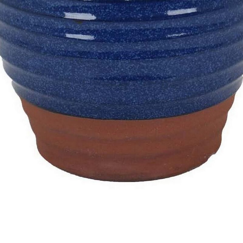 Kohl 15 Inch Decorative Vase, Pot Shape, Ceramic, Blue and Brown Finish - Benzara