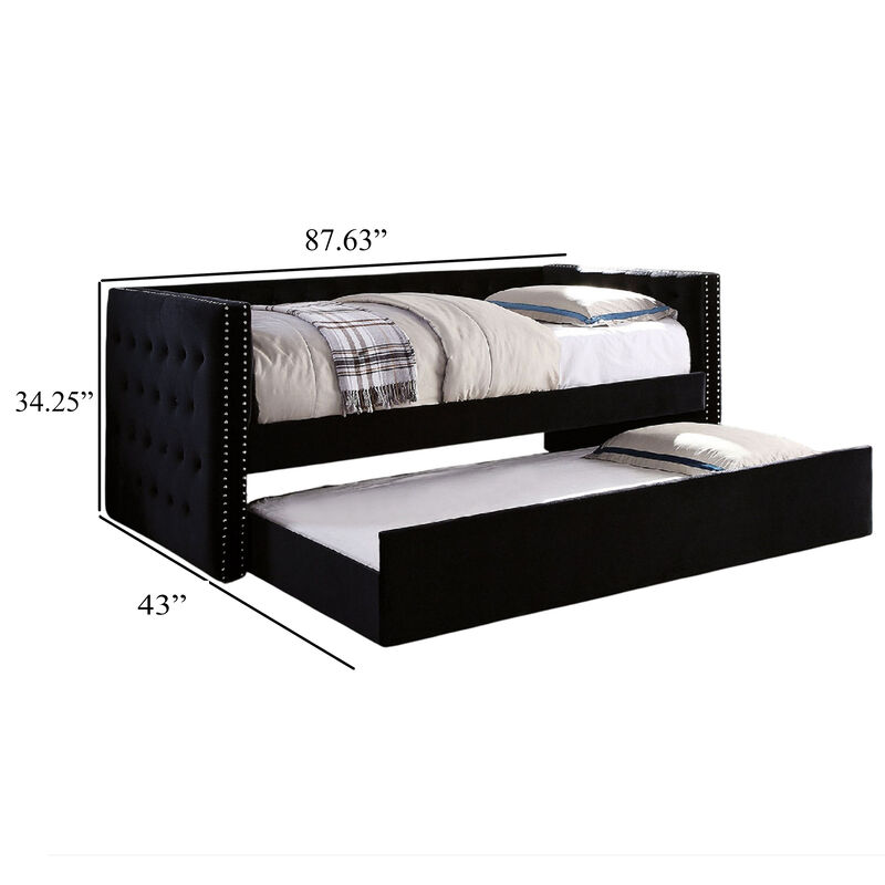 Suzo Daybed with Trundle, Black Flannelette Upholstery, Nailhead Trim - Benzara