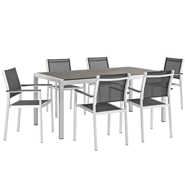 Modway Shore 7-Piece Aluminum Outdoor Patio Dining Table Set in Silver Black