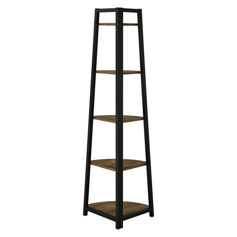 5 Tier Wooden Corner Bookcase with Metal Frame, Brown and Black-Benzara