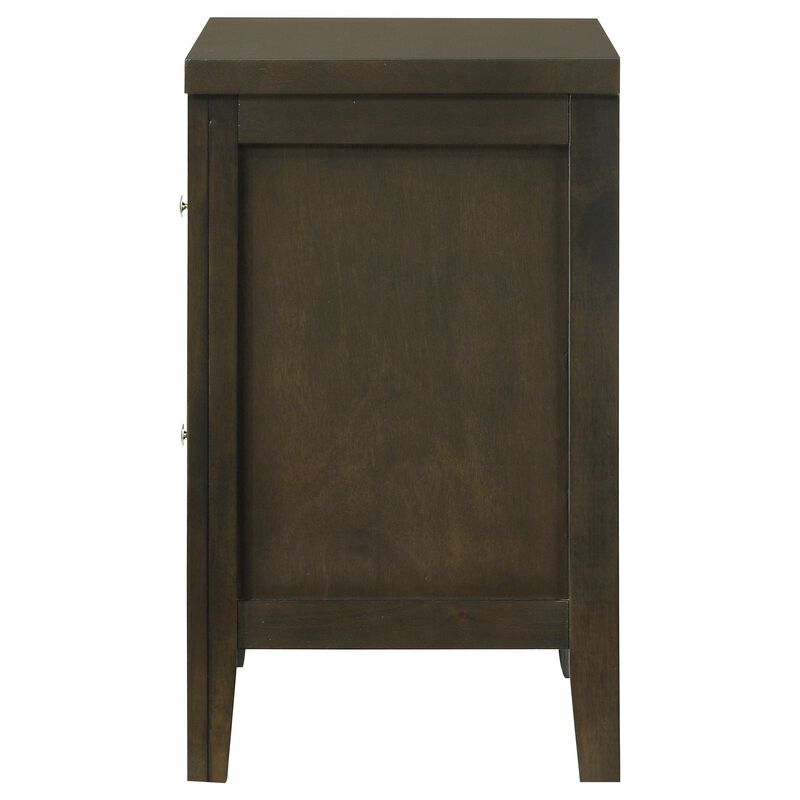 Wily Nightstand, Dark Brown Wood, 2 Drawers with Round Nickel Knobs - Benzara