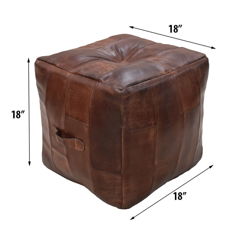 Solid Handmade Buffalo Leather Square Pouf 18"x18"x18" (Recycled Foam with Fibre Fill) Brown Color BBBACPF25 BBH Homes