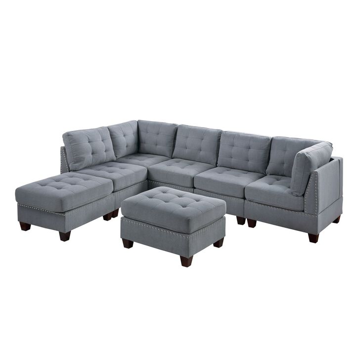 7 Piece Gray Linen Modular Sectional Set with Ottomans