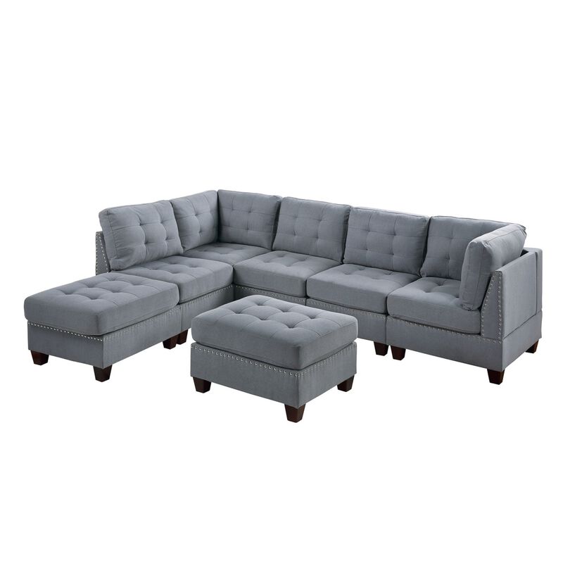 7 Piece Gray Linen Modular Sectional Set with Ottomans