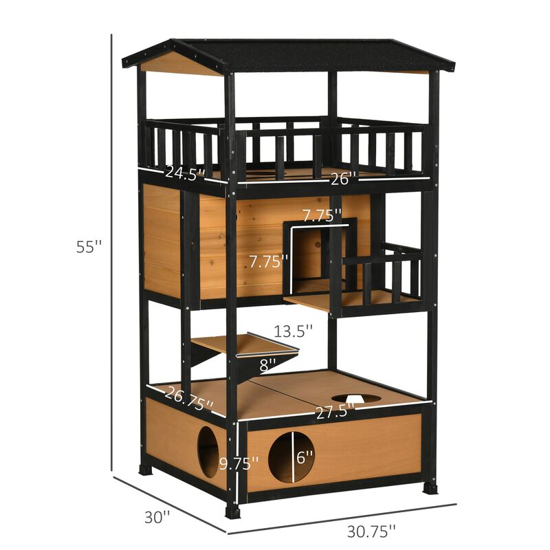 Yellow Wooden Cat Condo: Outdoor Kitten Tree with Escape Doors