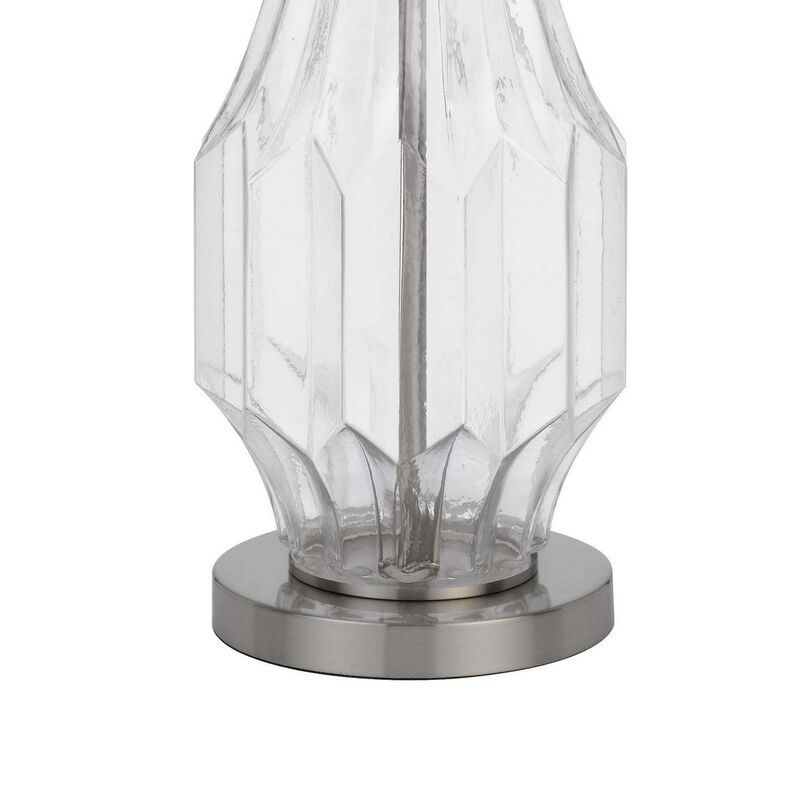 34 Inch Table Lamp Set of 2, White Drum Shade, Glass, Round Metal Base - Benzara