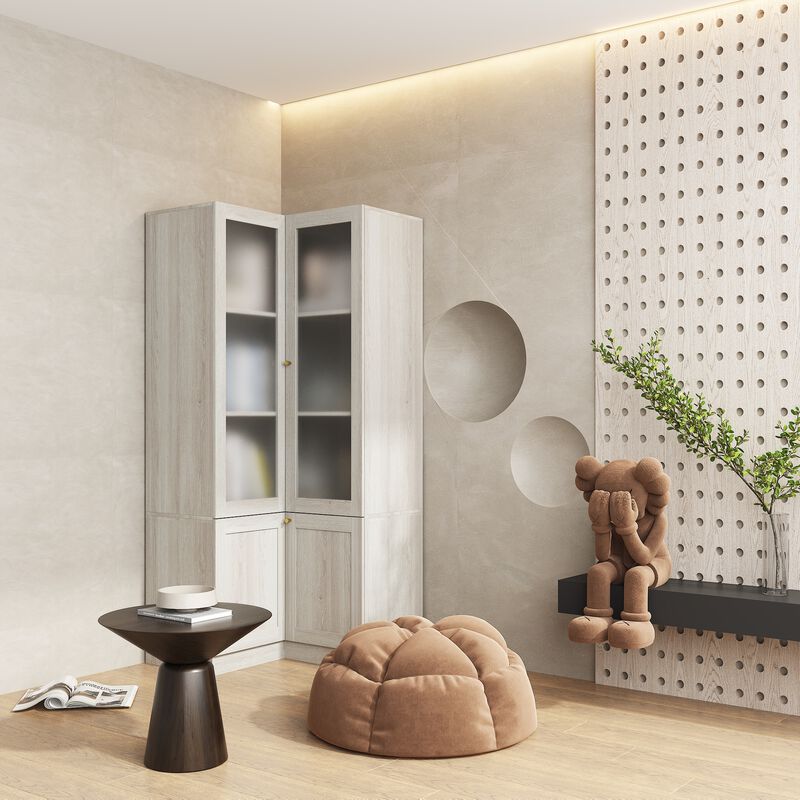 FUFU&GAGA Modern Wood Grain Corner Bookcase with Adjustable Shelves and Glass Doors (31.5" W x 70.9" H x 31.5" D), Wood Grain