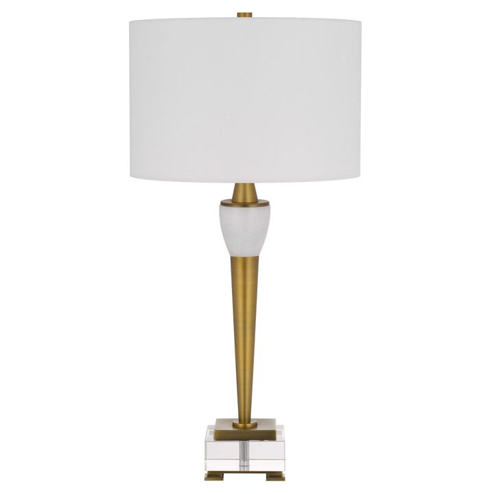 31 Inch Table Lamp with White Drum Shade, Clear Crystal Base, Brass Finish - Benzara