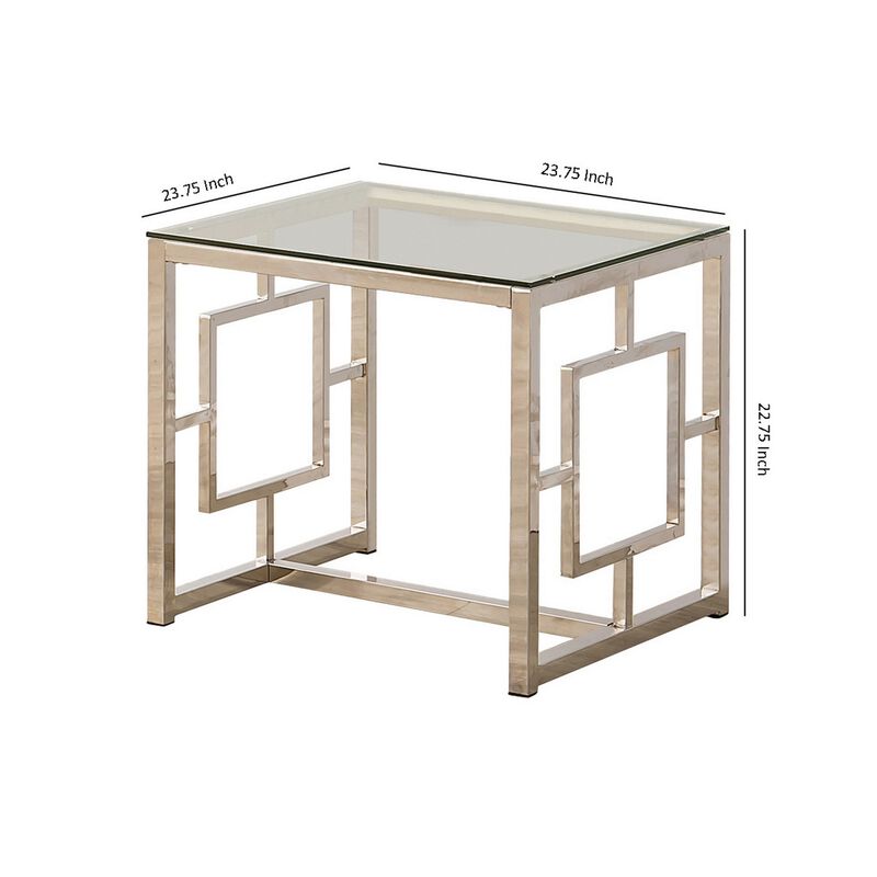 Tempered Glass Top End Table with Lattice Cut Out Panels, Silver and Clear-Benzara