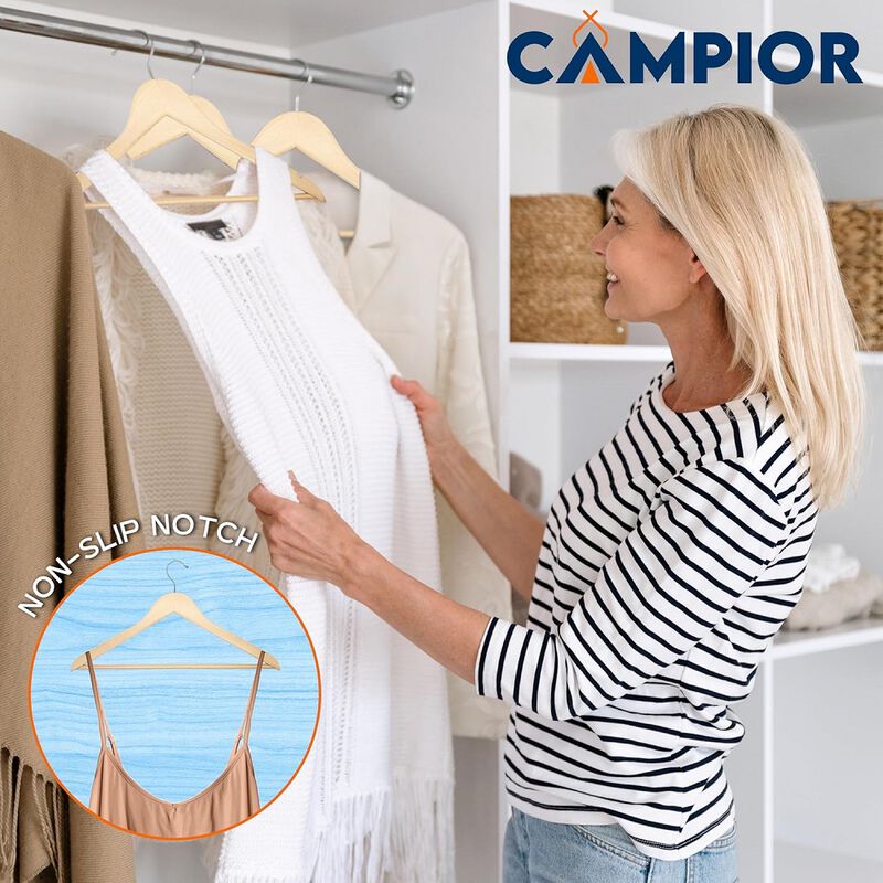 Wooden Clothes Hangers - 50 Pack, Durable, Non-Slip, Space-Saving Hangers for Dresses, Coats, and More, Holds Up to 10 lbs with 360° Swivel Hook, Natural Finish
