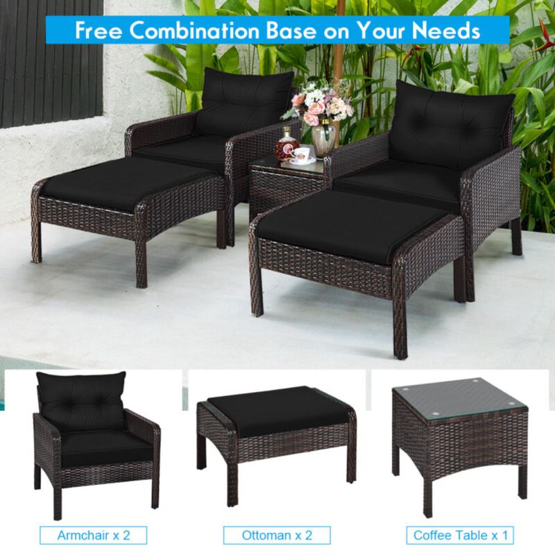 Hivvago 5 Pieces Patio Rattan Sofa Ottoman Furniture Set with Cushions