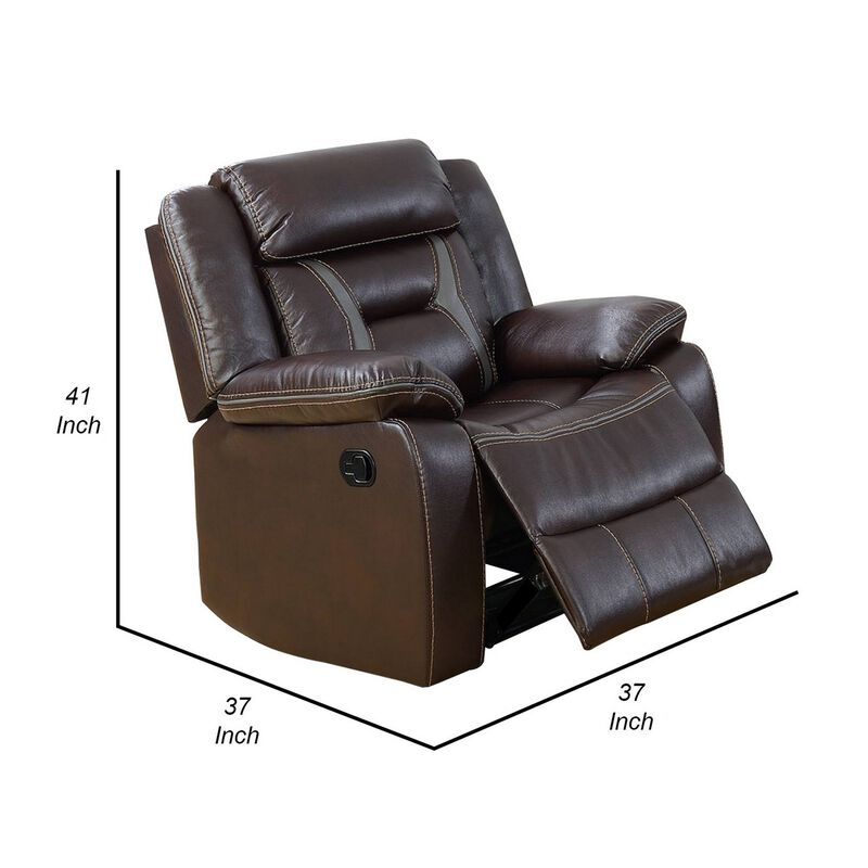37 Inches Leatherette Glider Recliner with Pillow Arms, Dark Brown-Benzara