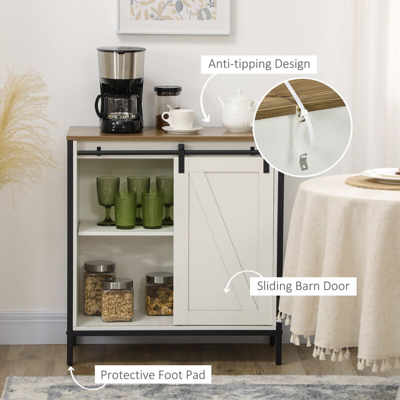 Two-Tone Kitchen Organizer: White/Brown Buffet with Sliding Barn Door