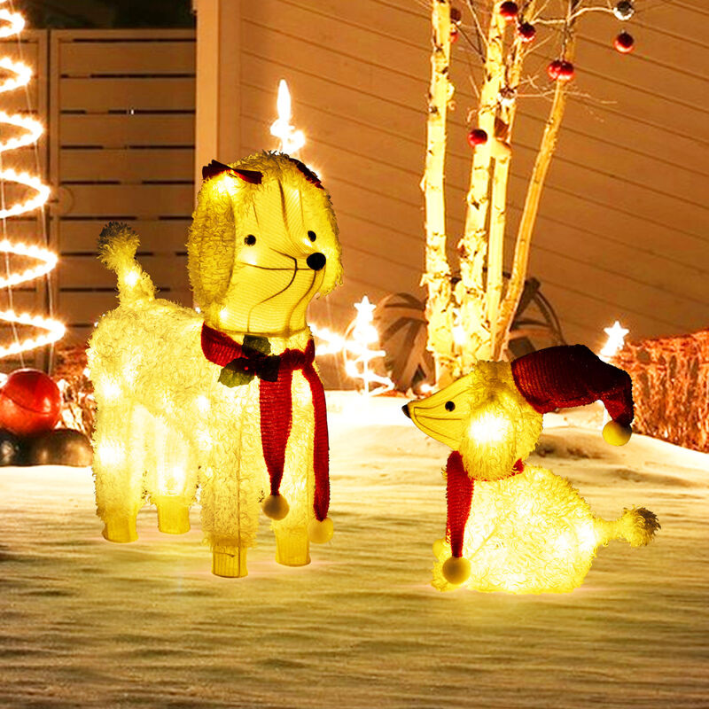 Pre-lit Mama and Baby Poodle Dogs with 60 Warm White LED Lights