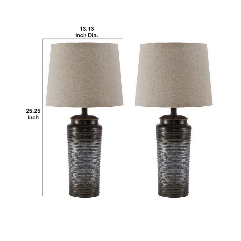 Ribbed Design Metal Body Table Lamp with Tapered Fabric Shade,Set of 2,Gray-Benzara