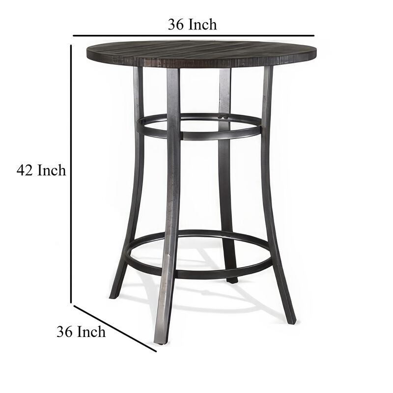 Flint Bar Height Table Round 42 Inch, Dark Brown Mahogany Wood n Metal - Benzara