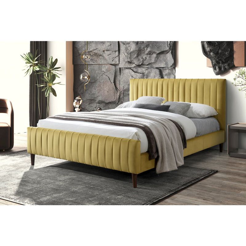 Omax Decor Spencer Wood/Fabric Upholstered Queen Platform Bed in Gold Velvet