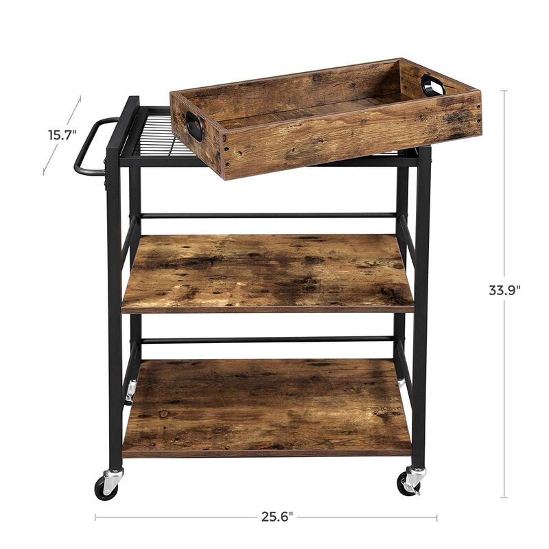 3-Tier Bar Cart with Wheels - Kitchen Serving Cart with Universal Casters, Brakes, and Leveling Feet