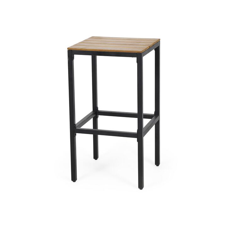 Barstool Set of 2, Straight Legs, Brown Acacia Wood, Black Iron Legs -Benzara