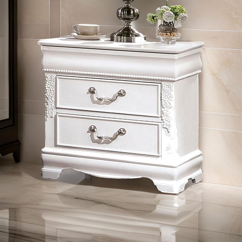 Benjara Aleci 24 Inch Nightstand, 2 Drawers, Carved Details, Solid Wood, White and Nickel