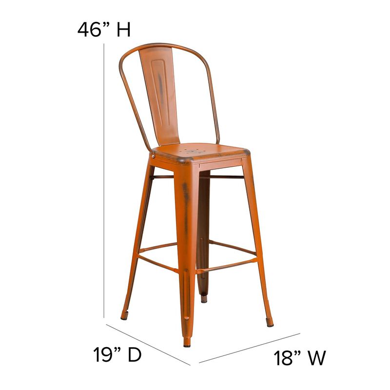 Flash Furniture Commercial Grade 30" High Distressed Orange Metal Indoor-Outdoor Barstool with Back
