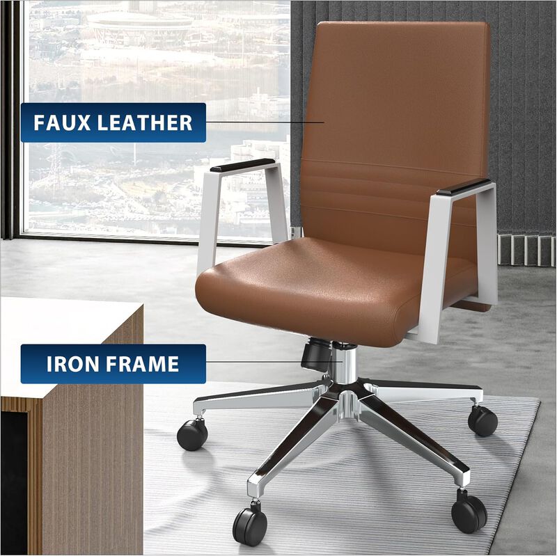 LeisureMod Aleen Mid-Century Modern Office Chair in Upholstered Leather and Iron Frame with Swivel and Tilt