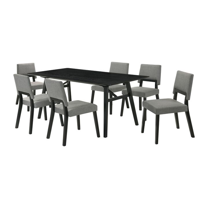 Yumi 7 Piece Dining Table Set, 6 Chairs in Charcoal Gray Fabric, Black - Benzara