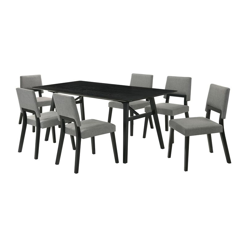 Yumi 7 Piece Dining Table Set, 6 Chairs in Charcoal Gray Fabric, Black - Benzara