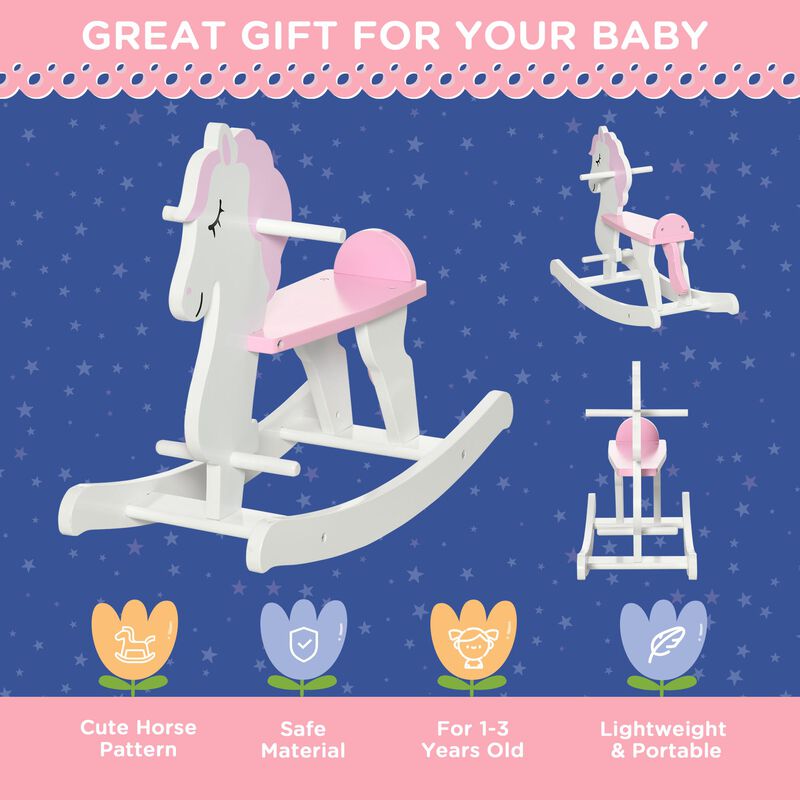 Pink/White Toddler Toy: Wooden Rocking Horse for 1-3 Years