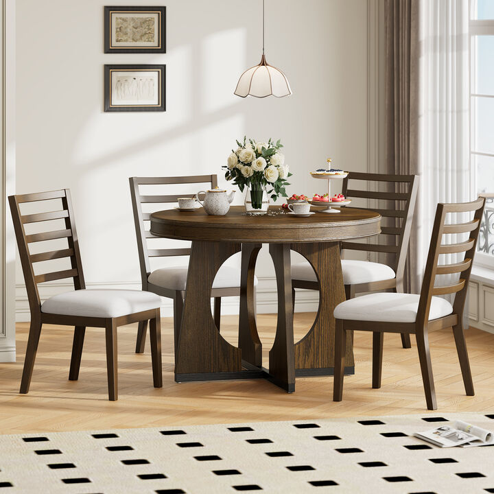 Gewnee  5-Piece Retro Rustic Functional Dining Set Unique Geometric Design, 1 Extendable Table with a 16-inch Leaf and 4 Upholstered Chairs Ideal for Dining Room and Kitchen (Walnut)