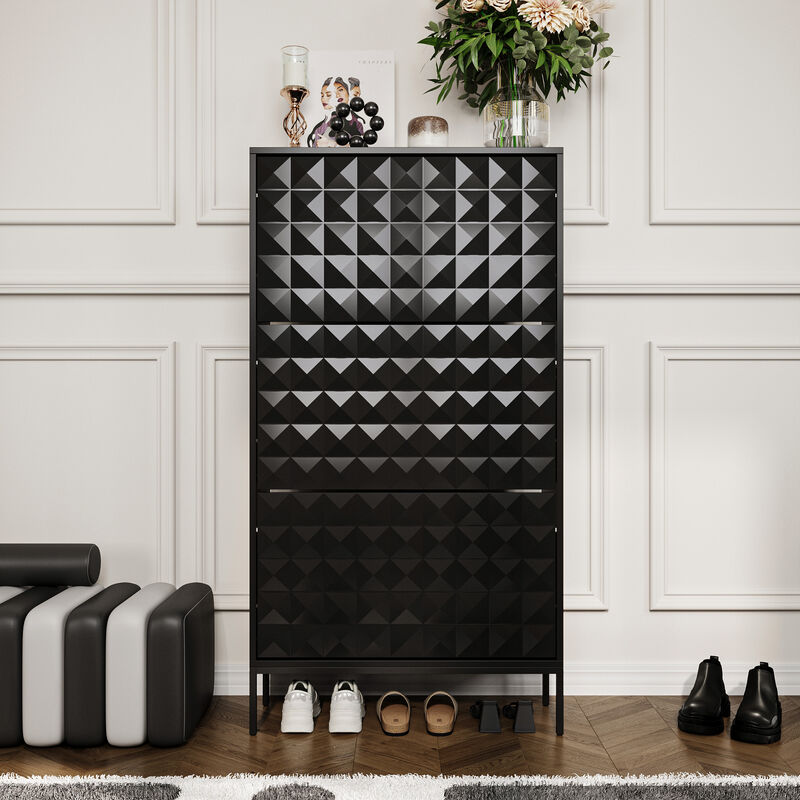 FUFU&GAGA Black Flip-Drawer Shoe Cabinet with Double Plastic Racks and Anti-Tip Kit (26.7" W x 9.3" D x 51.7" H), Black